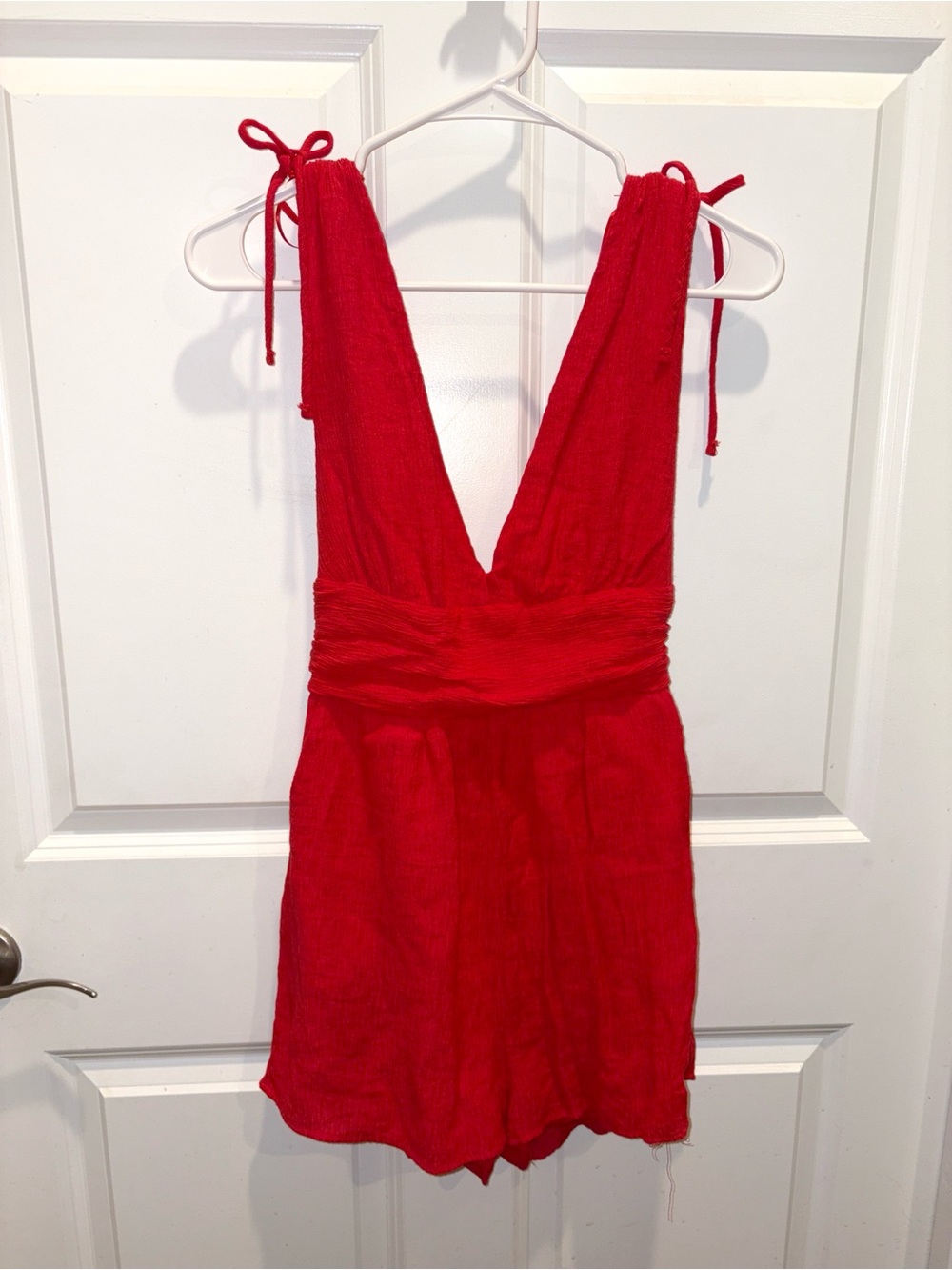 Red Deep-V Crinkle Fabric Romper